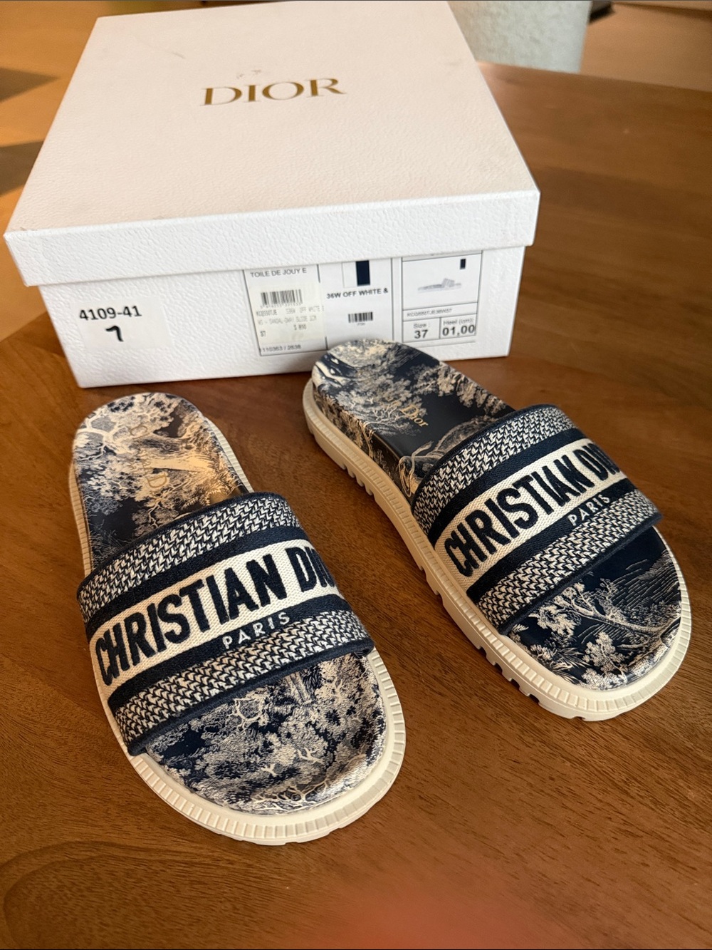 Dior Christian Dior Blue and White Toile Slide Sandals